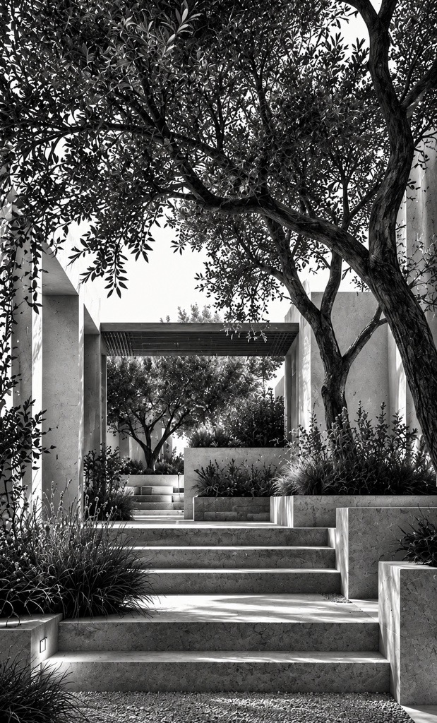 Stone steps rising between planted terraces to a shaded pergola.