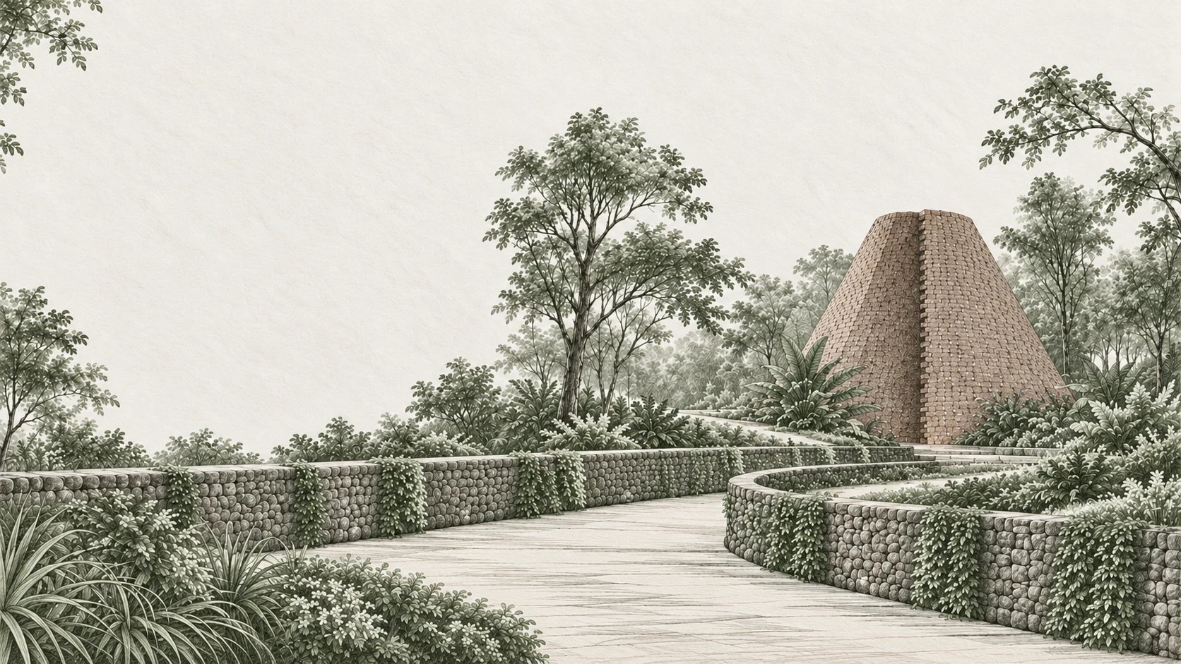 Illustrated view of the approach — a curving stone path between terraced gabion planters, with a shingled conical pavilion among mature trees.