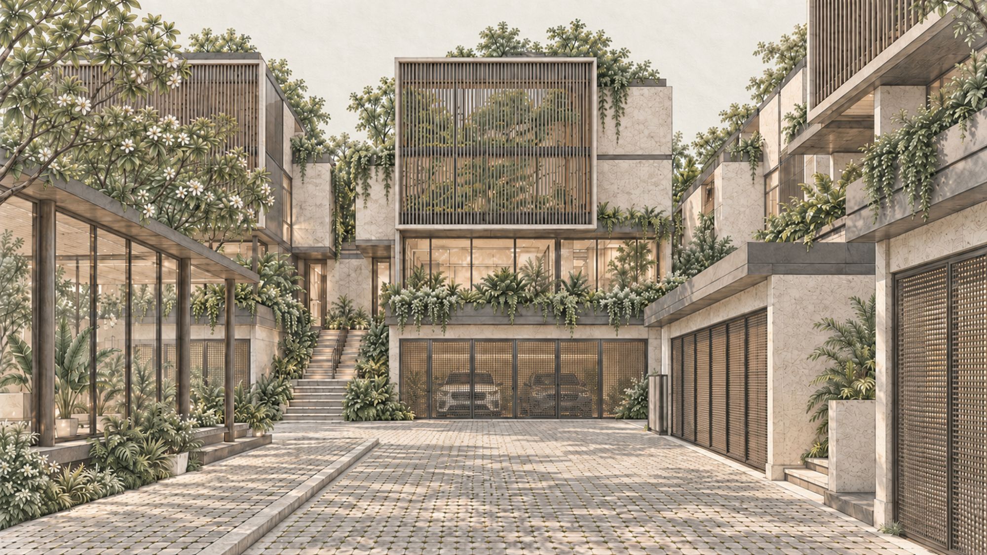 Courtyard view of Villas at Bilasiya — stone-clad villas with timber screens and planted terraces facing a paved drive.